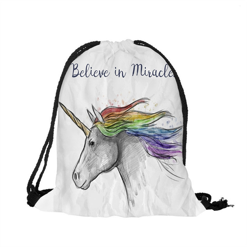 Believe in Miracle Unicorn Print Drawstring Backpack Shoulder Bags Satchel Pouch for Women Men